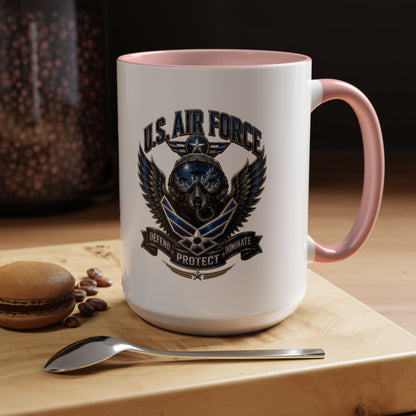 U.S. Air Force Emblem Accent Coffee Mug — Defend Protect Dominate (11/15oz)