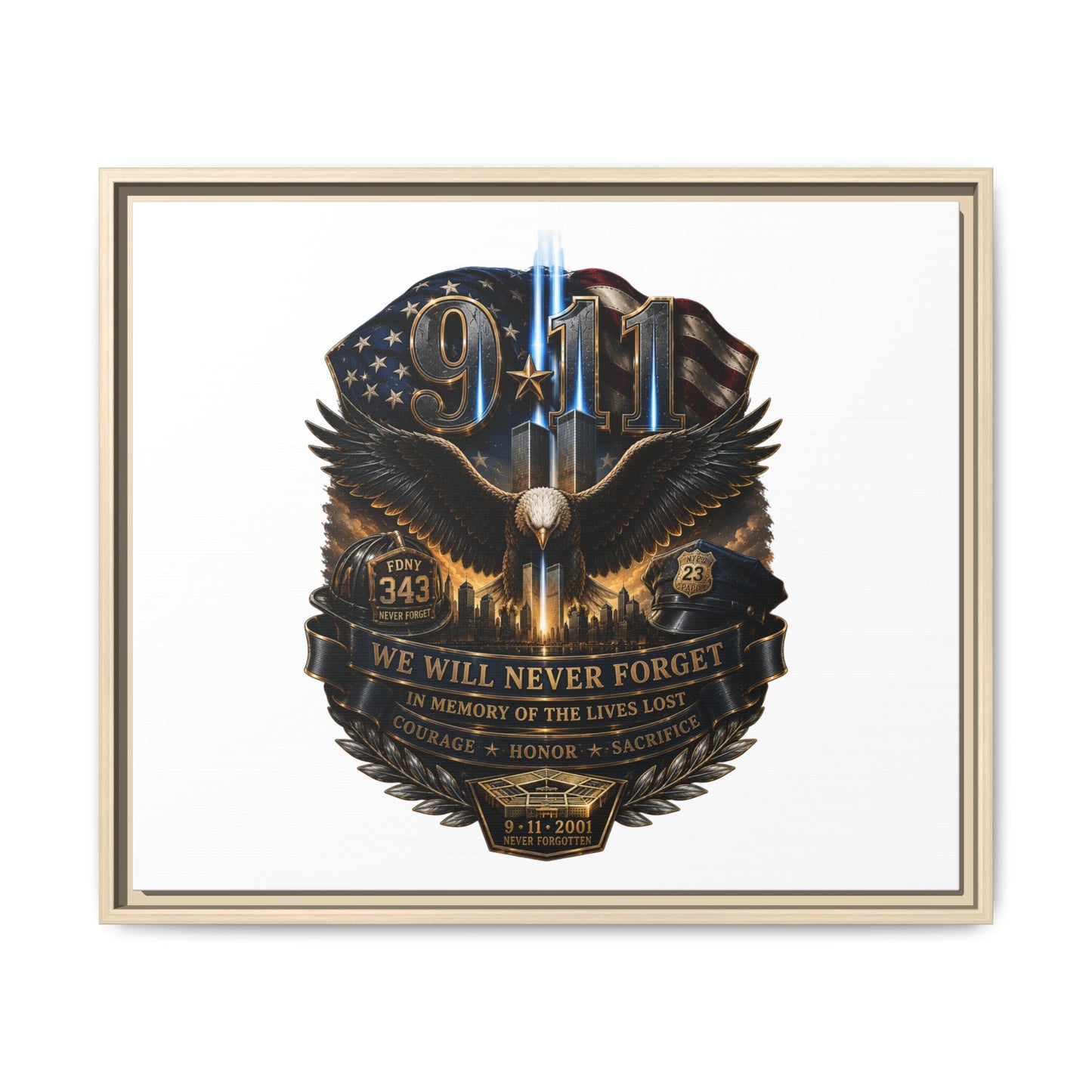 9/11 We Will Never Forget Matte Framed Canvas - Memorial Tribute Wall Art