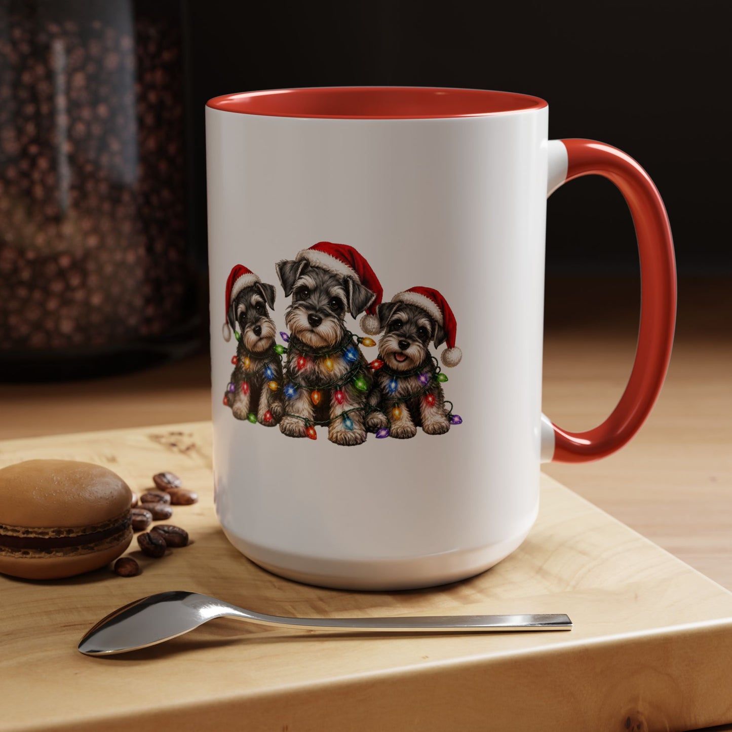 Christmas Puppy Coffee Mug — Cute Schnauzer Trio with Santa Hats & Holiday Lights (11/15oz)