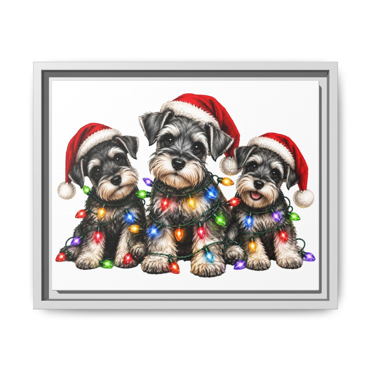 Christmas Schnauzer Canvas Print — Festive Puppies in Santa Hats (Matte Framed)