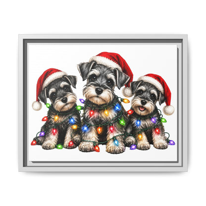 Christmas Schnauzer Canvas Print — Festive Puppies in Santa Hats (Matte Framed)