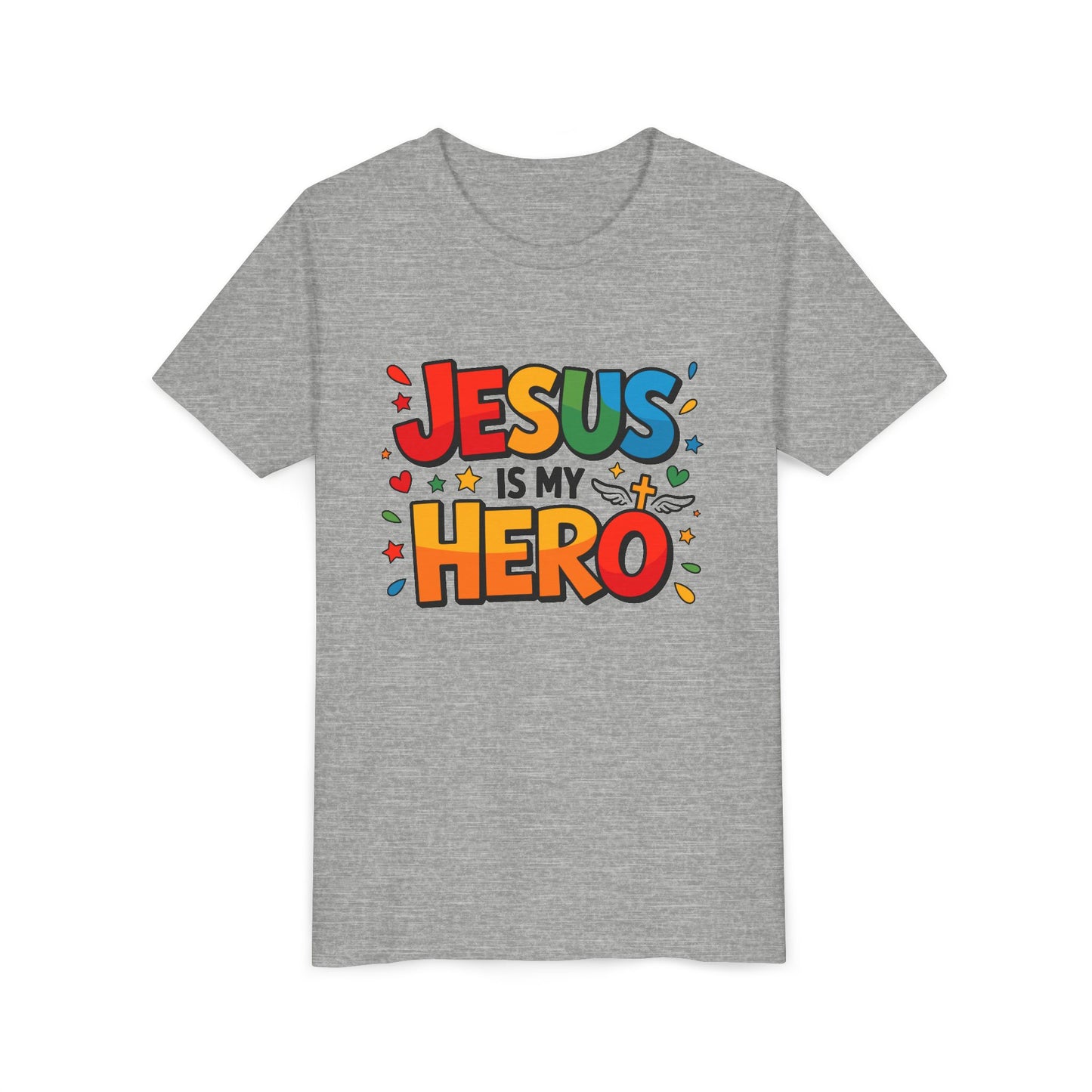 Youth Tee — "Jesus Is My Hero" Colorful Kids Christian T-Shirt