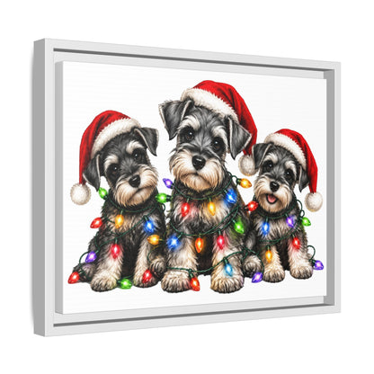 Christmas Schnauzer Canvas Print — Festive Puppies in Santa Hats (Matte Framed)