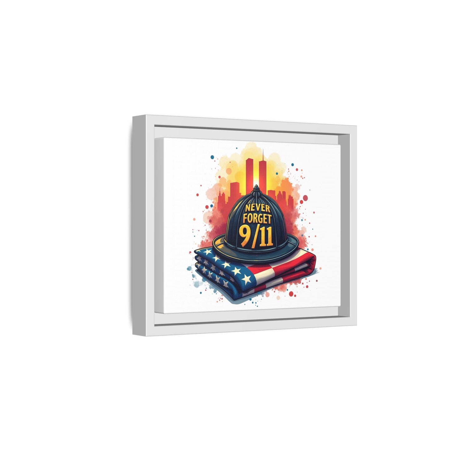 Never Forget 9/11 Framed Canvas Print — Firefighter Helmet & American Flag Memorial Art