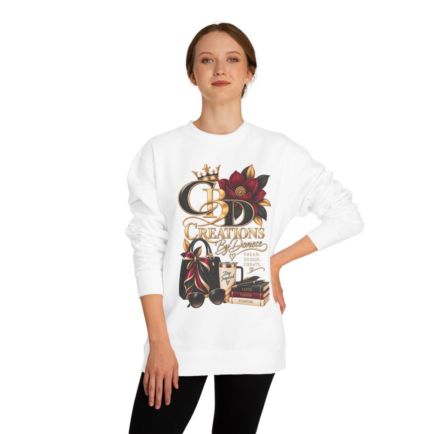 Crewneck Sweatshirt — CBD Creations Boutique Logo Graphic (Crown, Flowers, Books & Coffee)