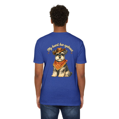 Schnauzer Cowboy T-Shirt — "My Heart Has Eyebrows" Cute Dog Graphic Tee