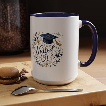 Nailed It Graduation Coffee Mug – Navy Cap & Floral 11/15oz Accent Mug