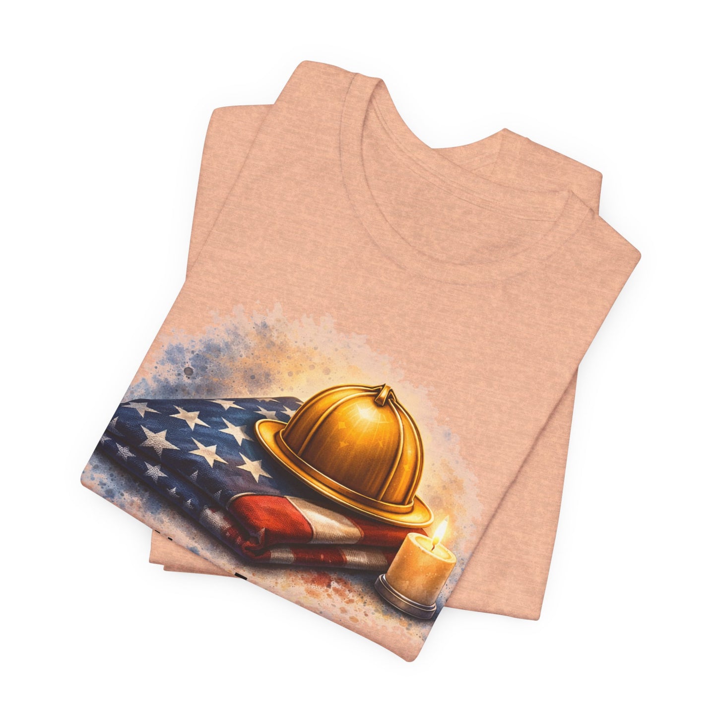 Never Forget Memorial T‑Shirt — Firefighter Helmet & Flag Tribute