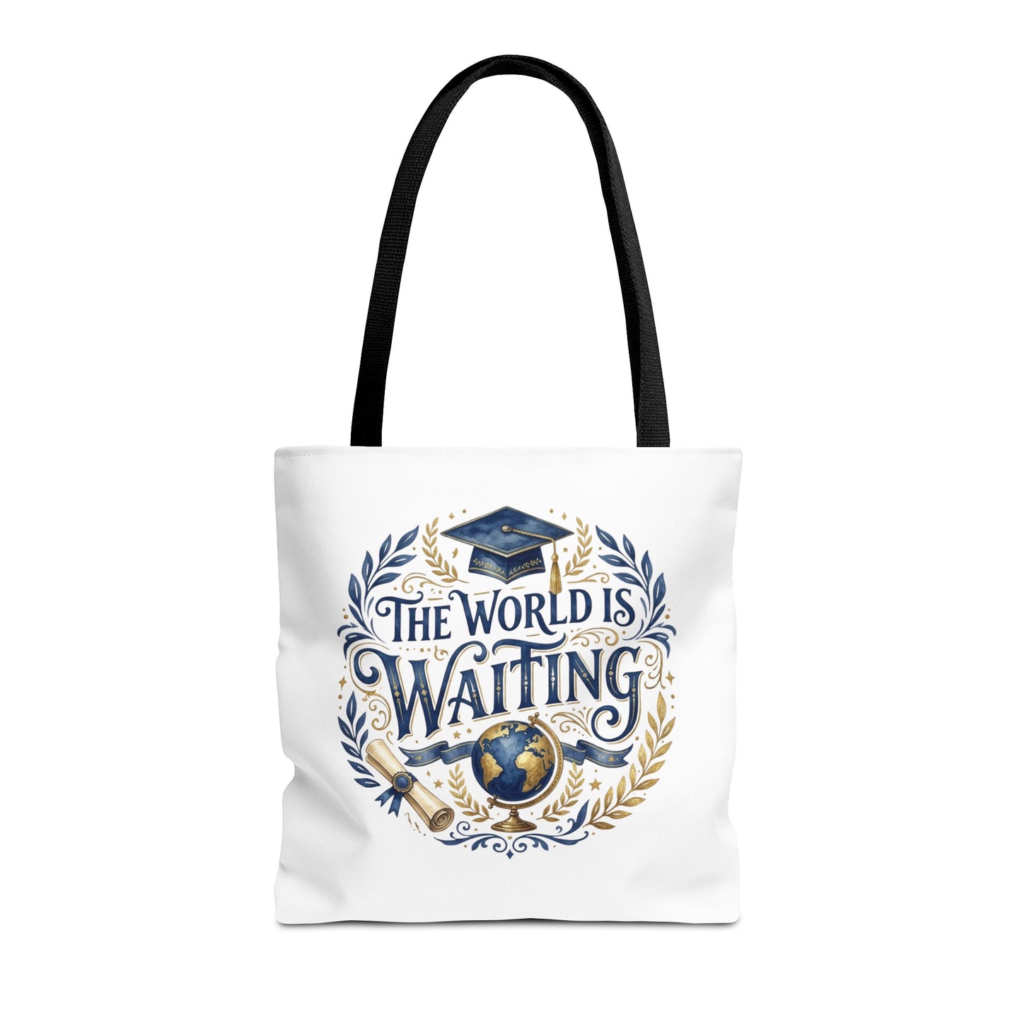 Graduation Tote Bag – "The World Is Waiting" Cap & Globe Design