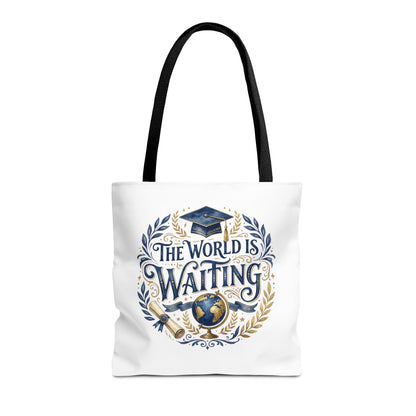 Graduation Tote Bag – "The World Is Waiting" Cap & Globe Design