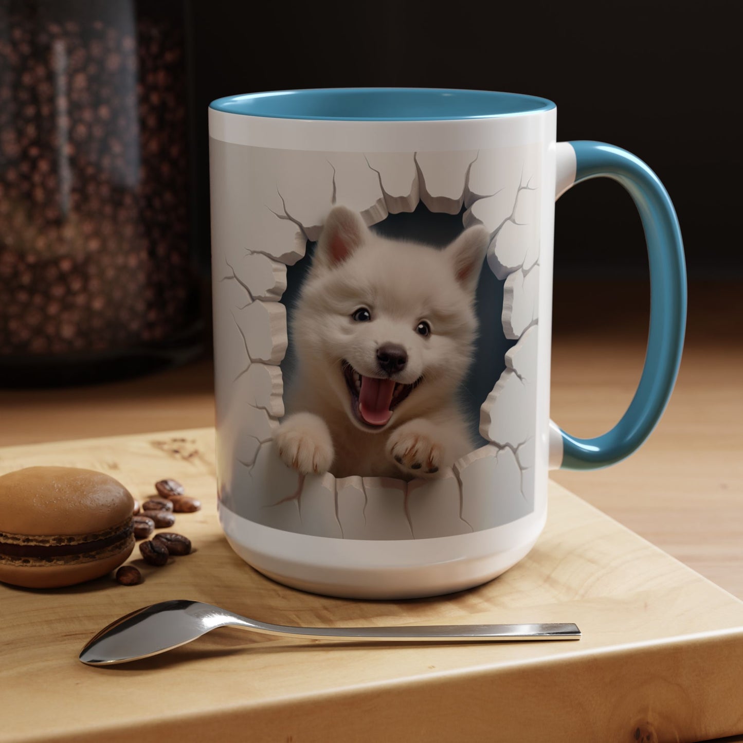 Cute Puppy Breaking Wall Accent Coffee Mug – Funny Smiling Dog Gift (11/15oz)