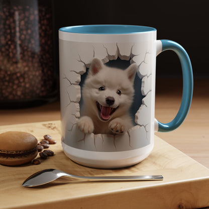 Cute Puppy Breaking Wall Accent Coffee Mug – Funny Smiling Dog Gift (11/15oz)