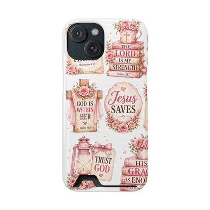 Christian Floral Phone Case with Card Holder — 'Jesus Saves' Inspirational Design