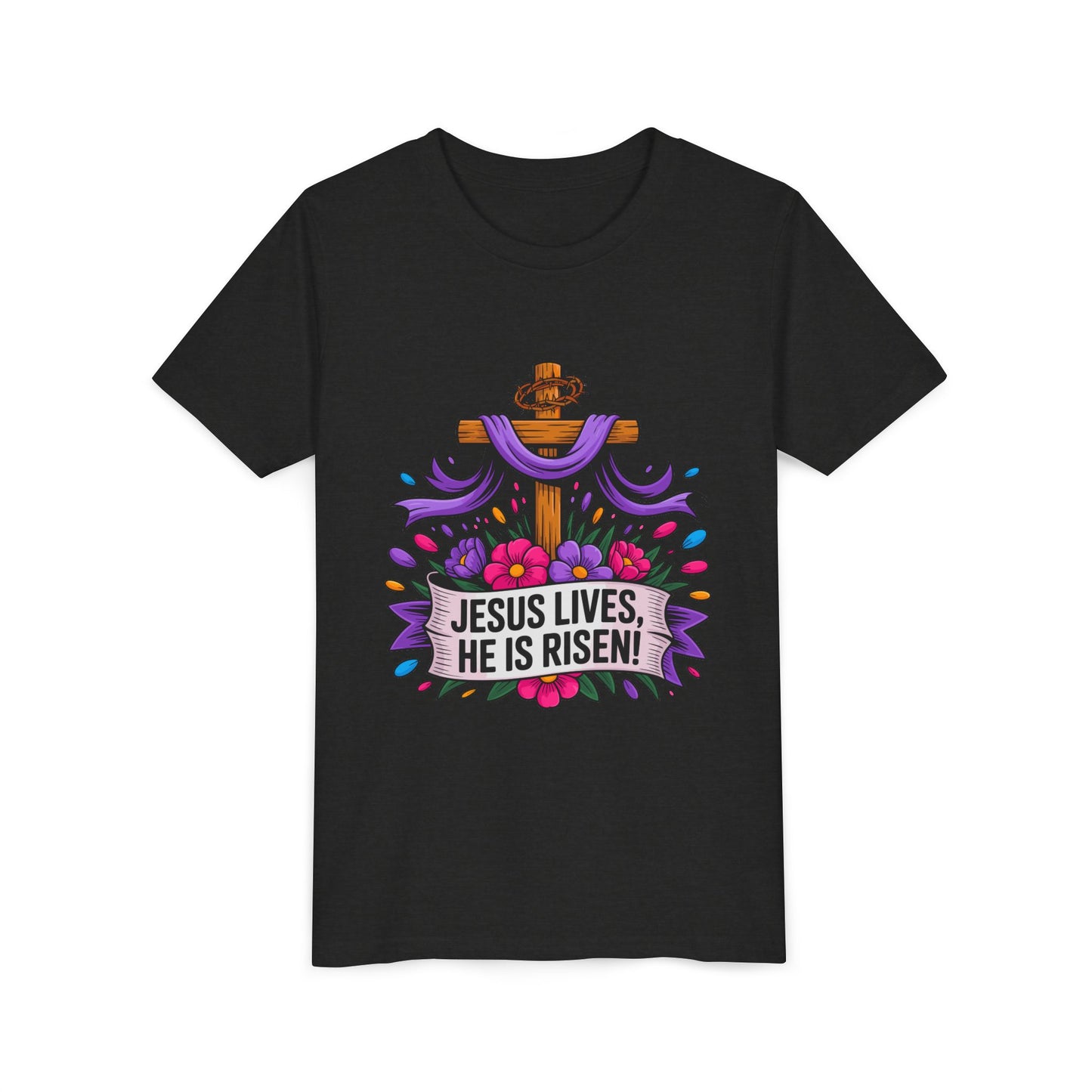 Youth Tee — "Jesus Lives, He Is Risen!" Easter Christian Tee