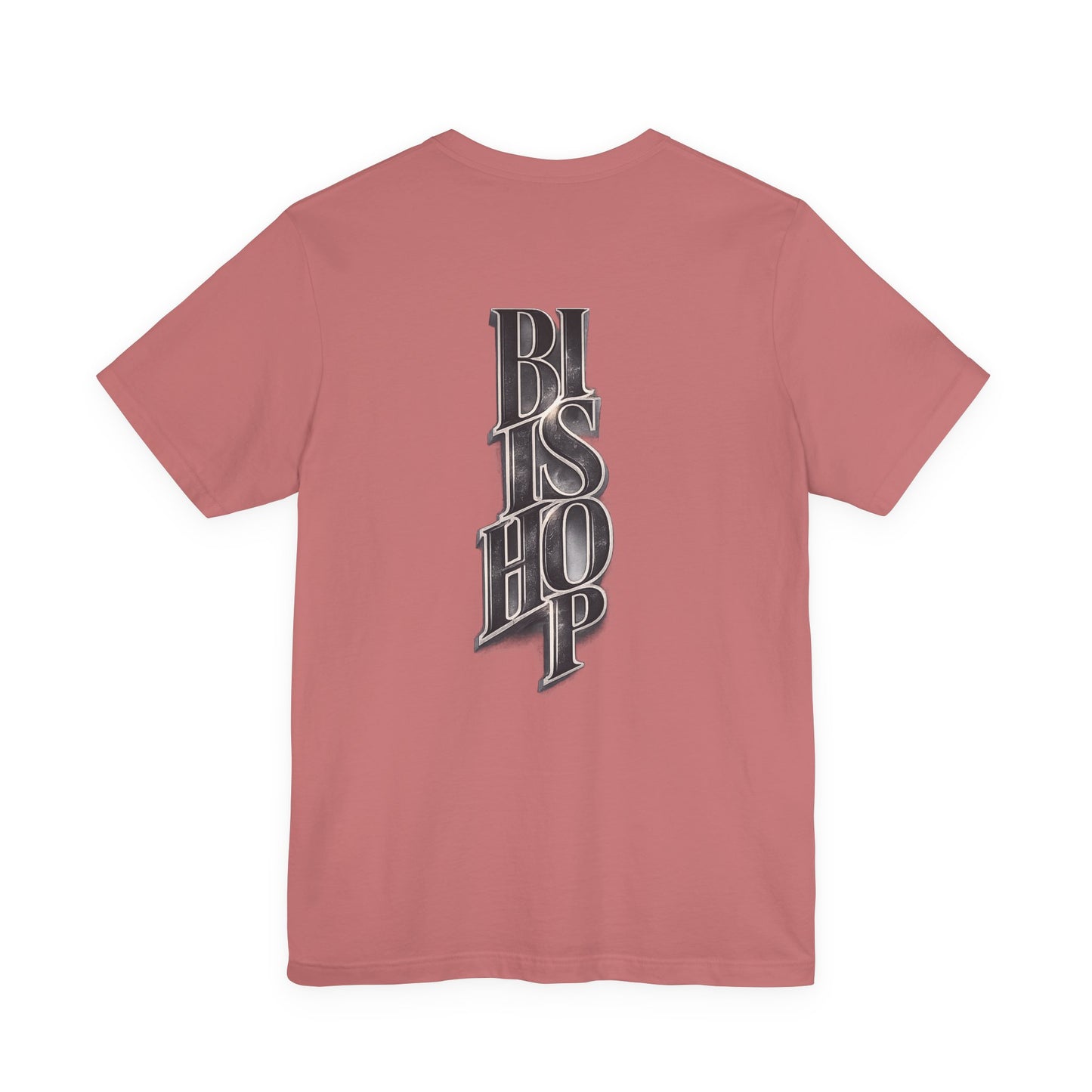 Bishop Vertical Script Tee — Vintage Gothic Lettering T-Shirt