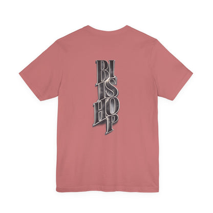 Bishop Vertical Script Tee — Vintage Gothic Lettering T-Shirt