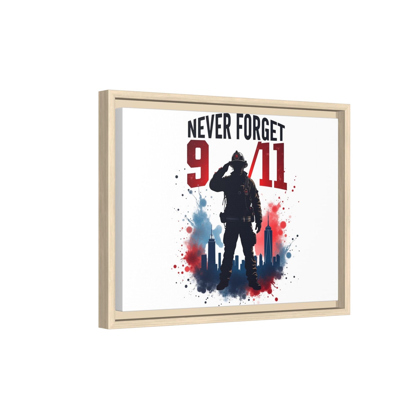 Never Forget 9/11 Framed Canvas Print — Patriotic Firefighter Memorial Art
