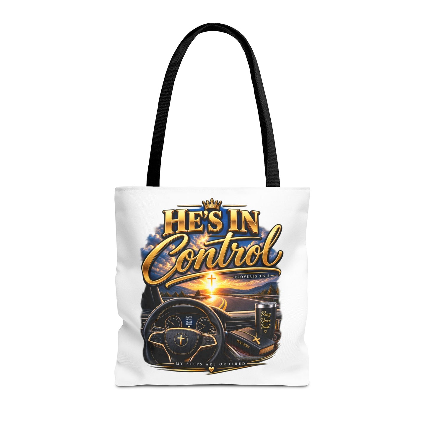 He's In Control Christian Tote Bag — Faith-Inspired Inspirational Grocery & Daily Carry AOP