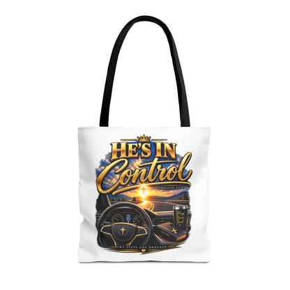 He's In Control Christian Tote Bag — Faith-Inspired Inspirational Grocery & Daily Carry AOP