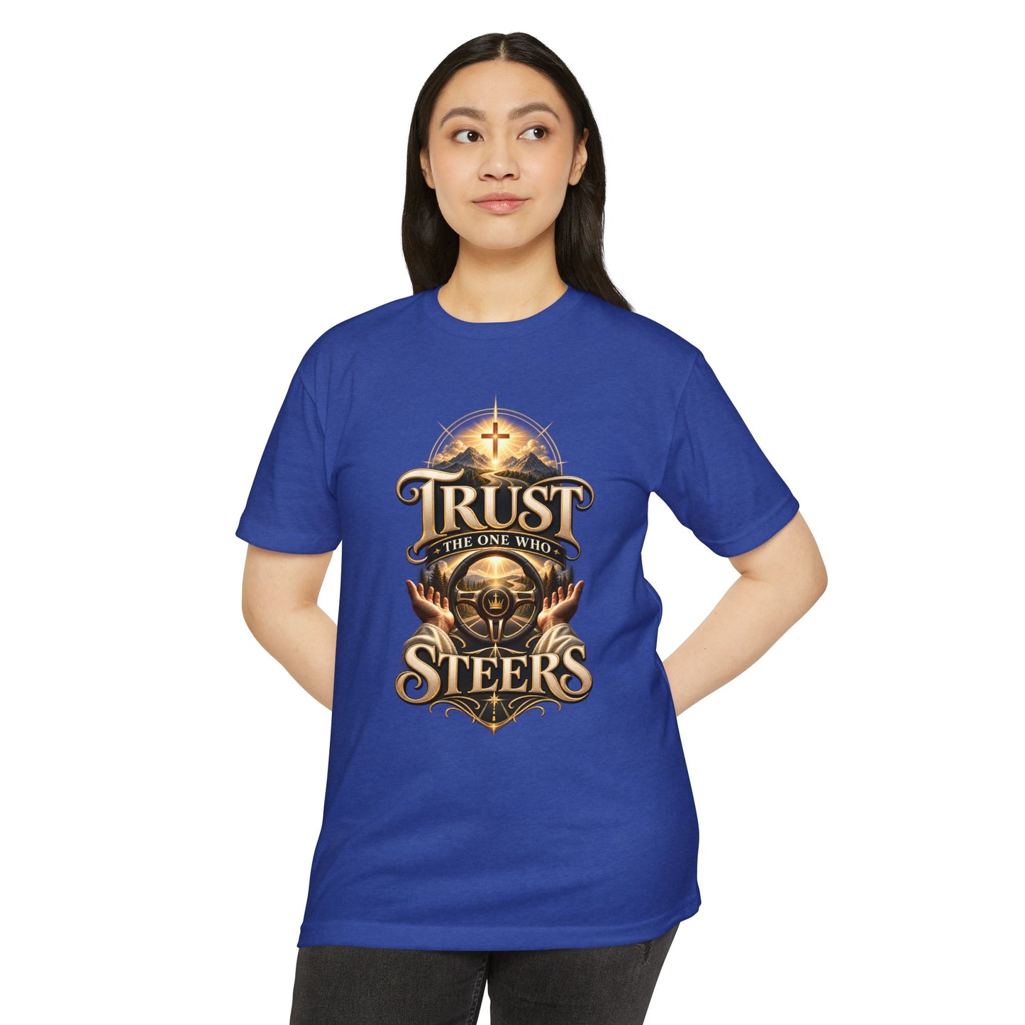 Trust He Steers T‑Shirt — Christian Faith Nautical Steering Wheel Design