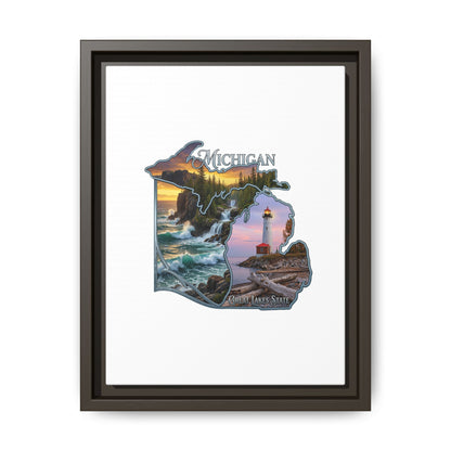Michigan Framed Canvas Wall Art — Great Lakes State Lighthouse & Shoreline Print