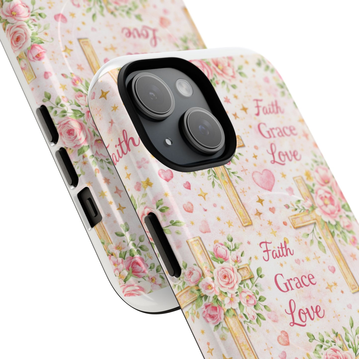 Christian Floral Cross Phone Case — "Faith Grace Love" Tough Magnetic Case