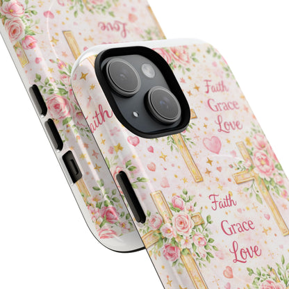 Christian Floral Cross Phone Case — "Faith Grace Love" Tough Magnetic Case