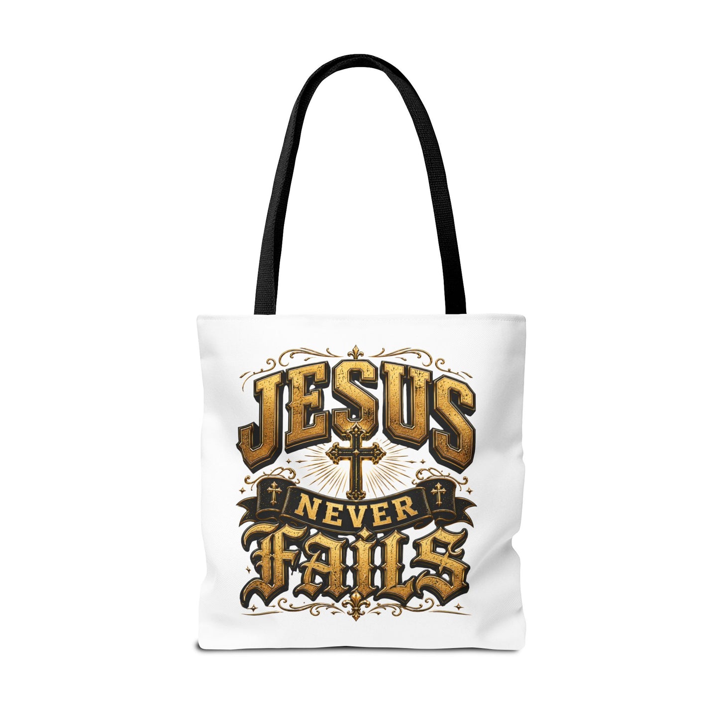 Jesus Never Fails Tote Bag — Christian Faith AOP Canvas Tote