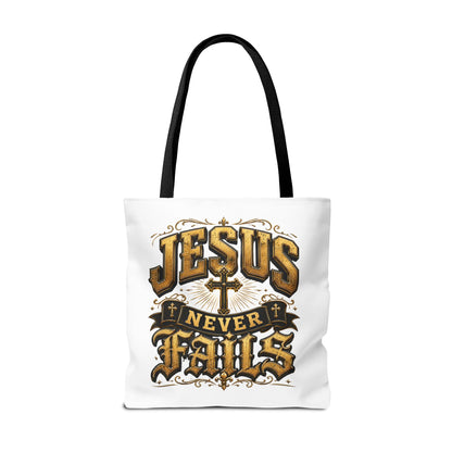 Jesus Never Fails Tote Bag — Christian Faith AOP Canvas Tote