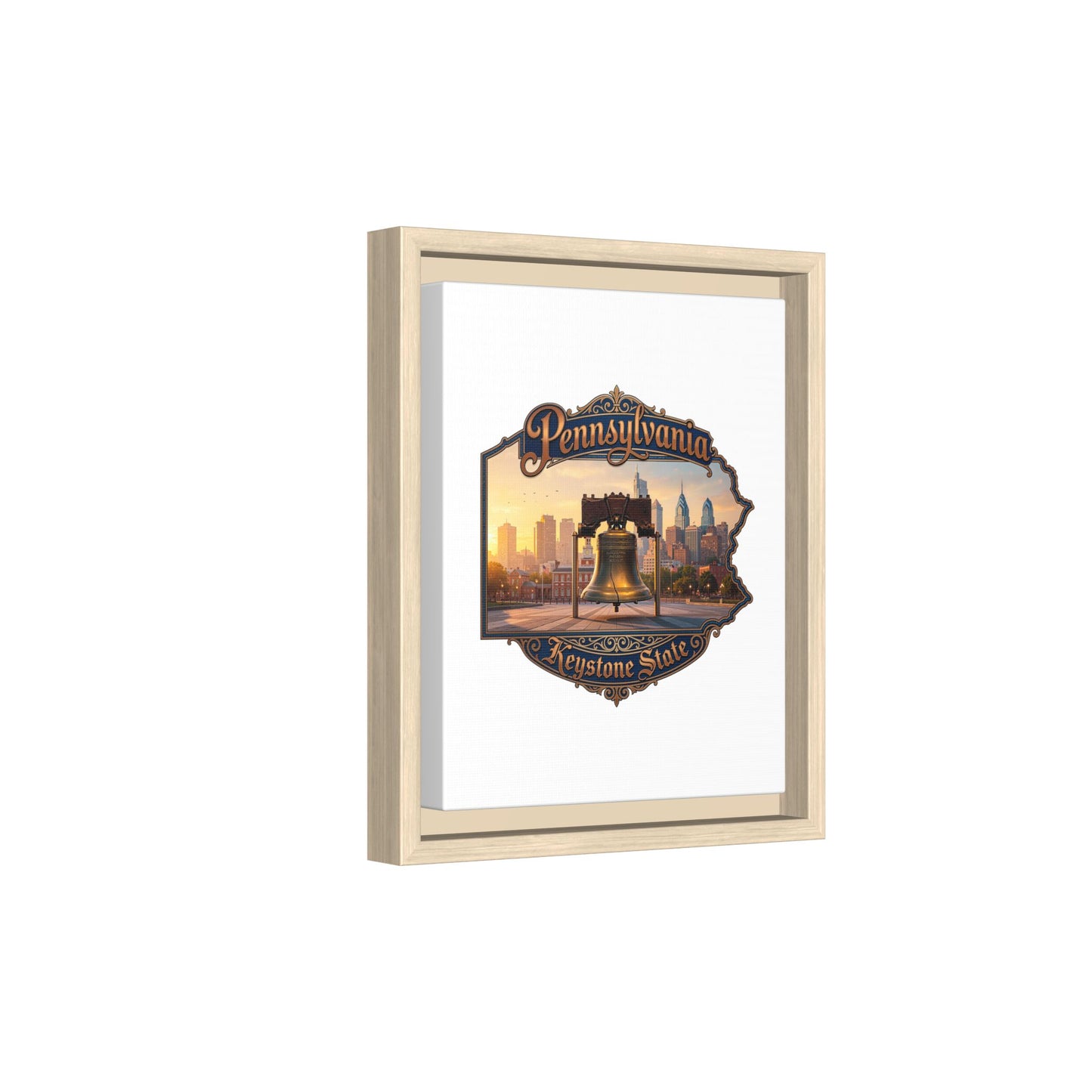 Pennsylvania Keystone State Framed Canvas Wall Art — Liberty Bell & Philadelphia Skyline