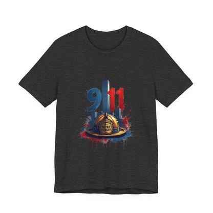 9/11 Firefighter Memorial Tee — Tribute T-Shirt with Helmet & Twin Towers Design