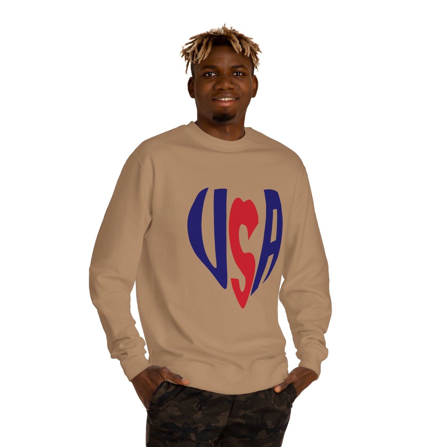 USA Heart Crewneck Sweatshirt — Patriotic Red & Blue Graphic