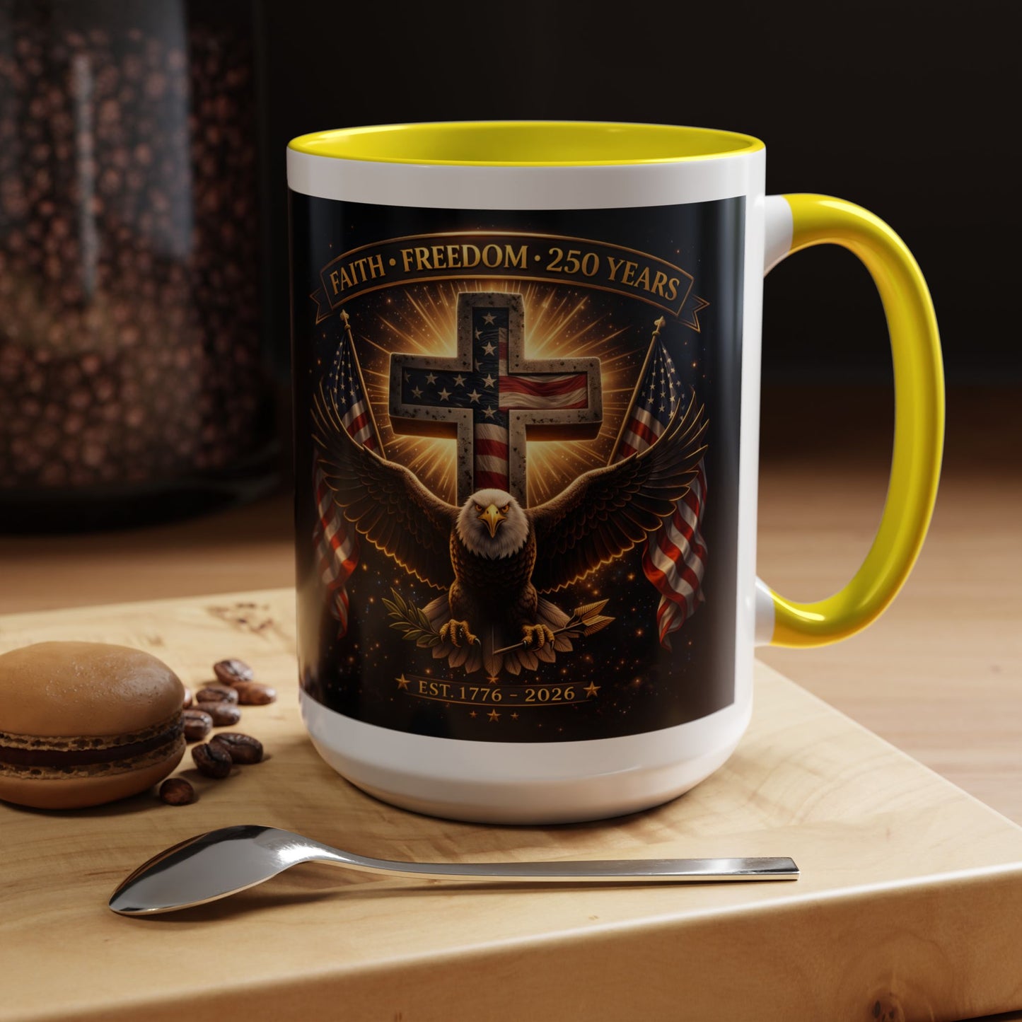 Patriotic Faith & Freedom Accent Coffee Mug — Eagle, Cross & American Flag (1776–2026)