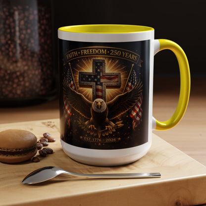 Patriotic Faith & Freedom Accent Coffee Mug — Eagle, Cross & American Flag (1776–2026)