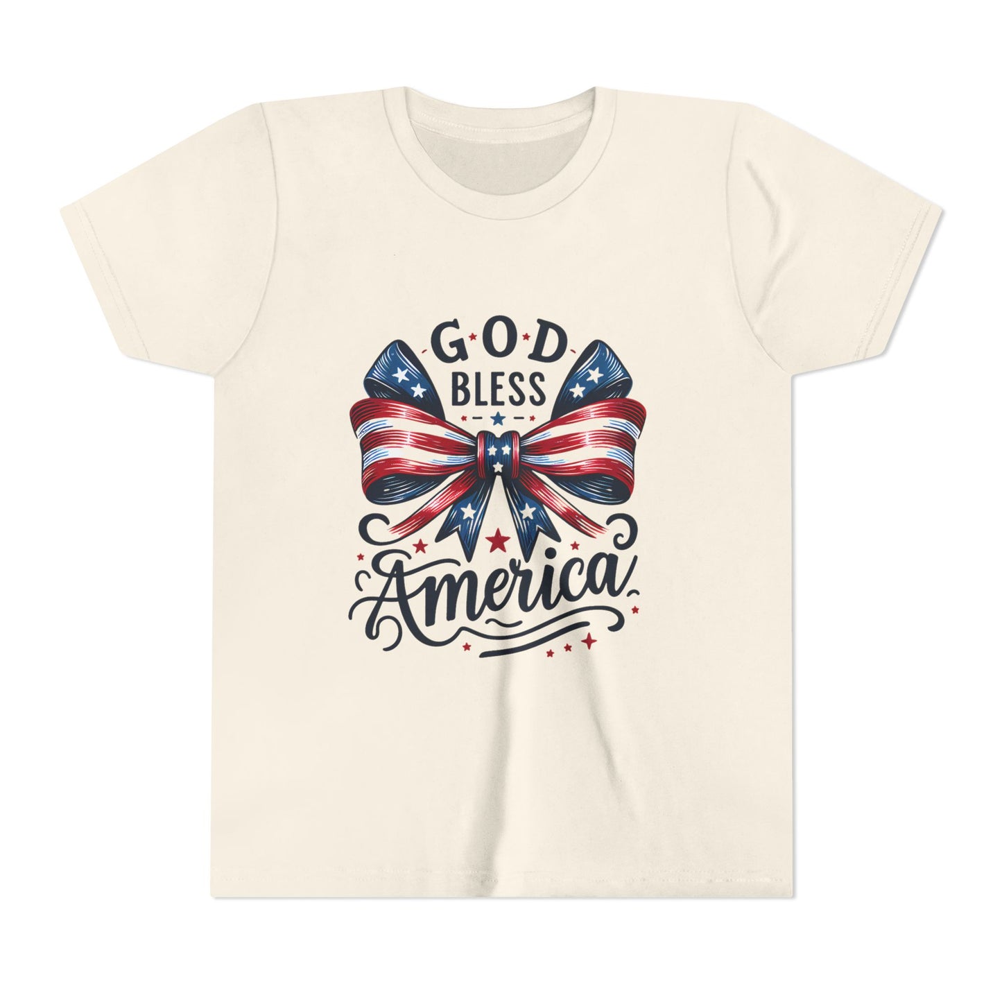 Youth Tee — "God Bless America" Patriotic Bow T-Shirt (4th of July, Memorial Day)