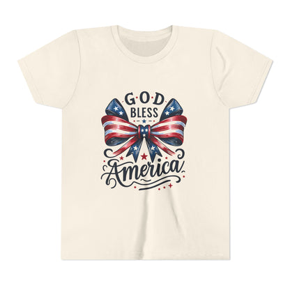 Youth Tee — "God Bless America" Patriotic Bow T-Shirt (4th of July, Memorial Day)
