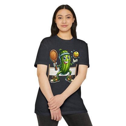 Pickleball Pickle T-Shirt — Cute Cartoon Pickle Playing Pickleball Tee