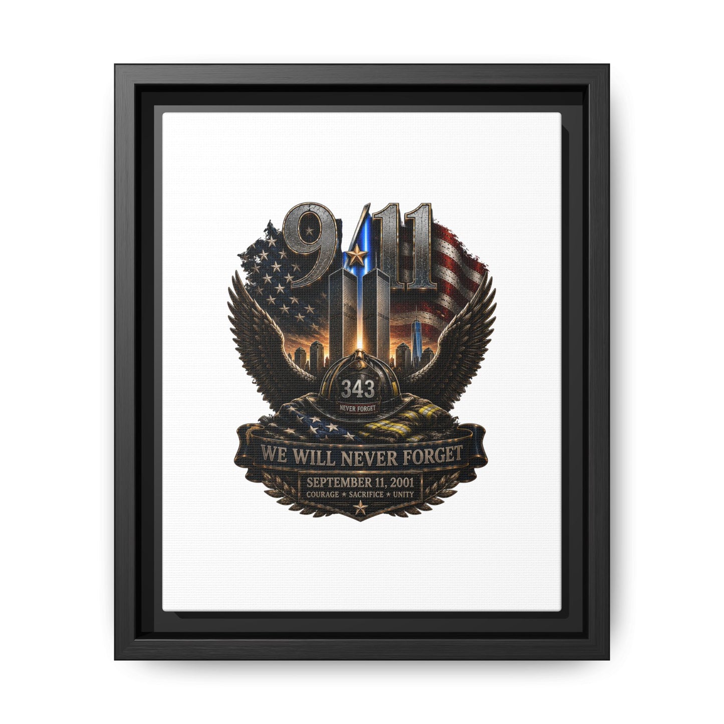9/11 Memorial Matte Canvas Print — "We Will Never Forget" Framed Tribute