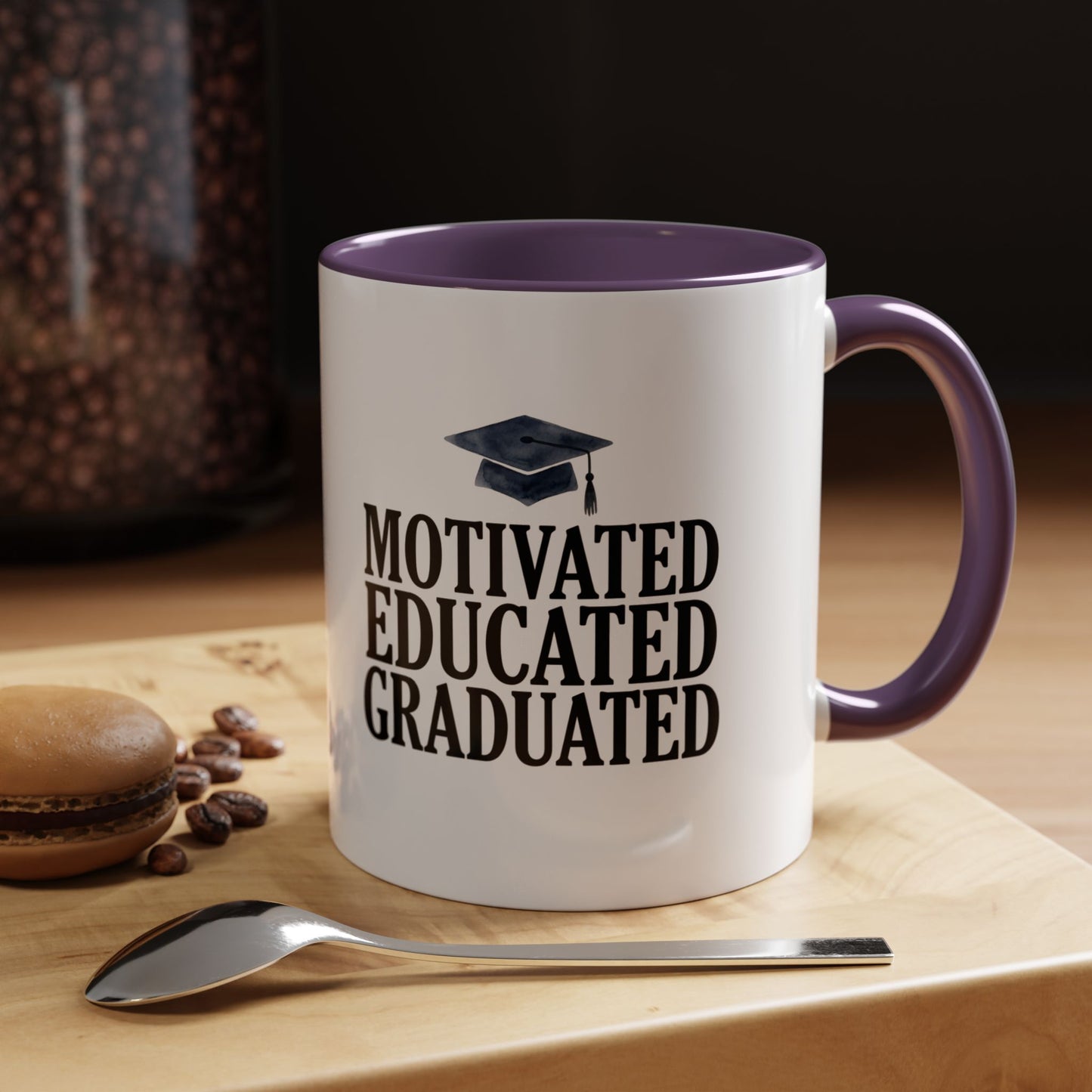 Graduation Coffee Mug – "Motivated Educated Graduated" Accent Ceramic Mug