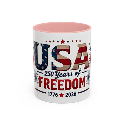 USA 250 Years of Freedom Accent Coffee Mug – 1776–2026 Patriotic Fourth of July Gift