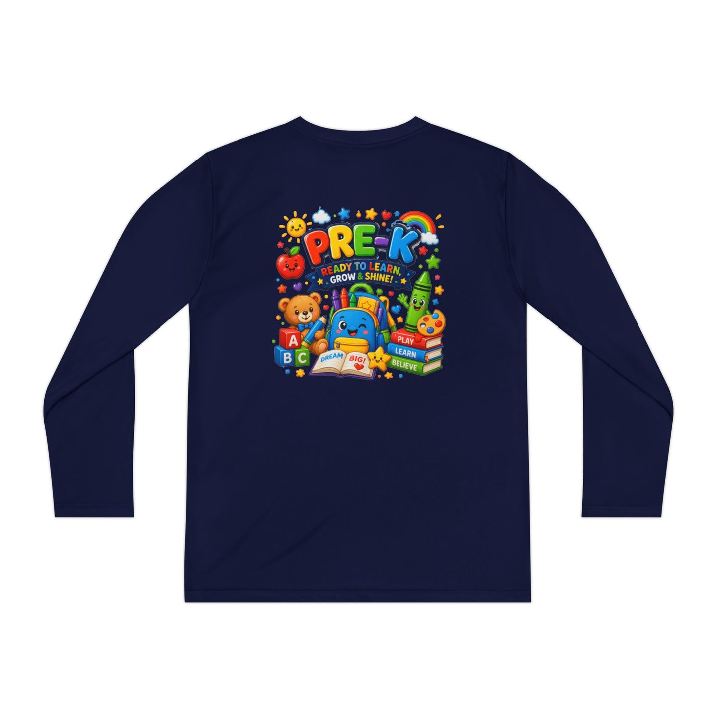 PRE-K Kids Long Sleeve Tee — Back-to-School Preschool Shirt ("Ready to Learn, Grow & Shine")
