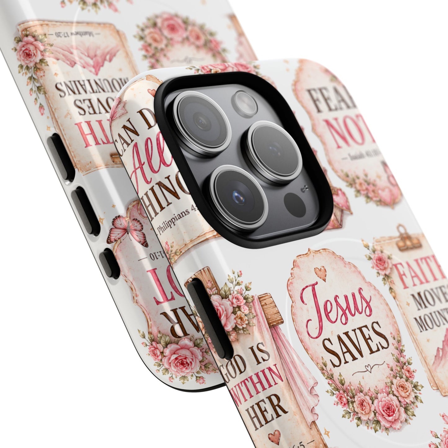 Christian Faith iPhone Tough Magnetic Case — 'Jesus Saves' Floral Scripture Design (Fear Not, Faith Moves Mountains)
