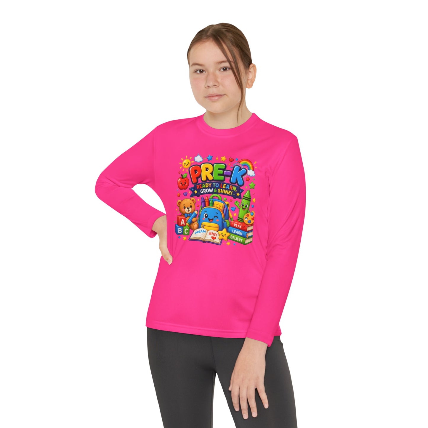 PRE-K Kids Long Sleeve Tee — Back-to-School Preschool Shirt ("Ready to Learn, Grow & Shine")