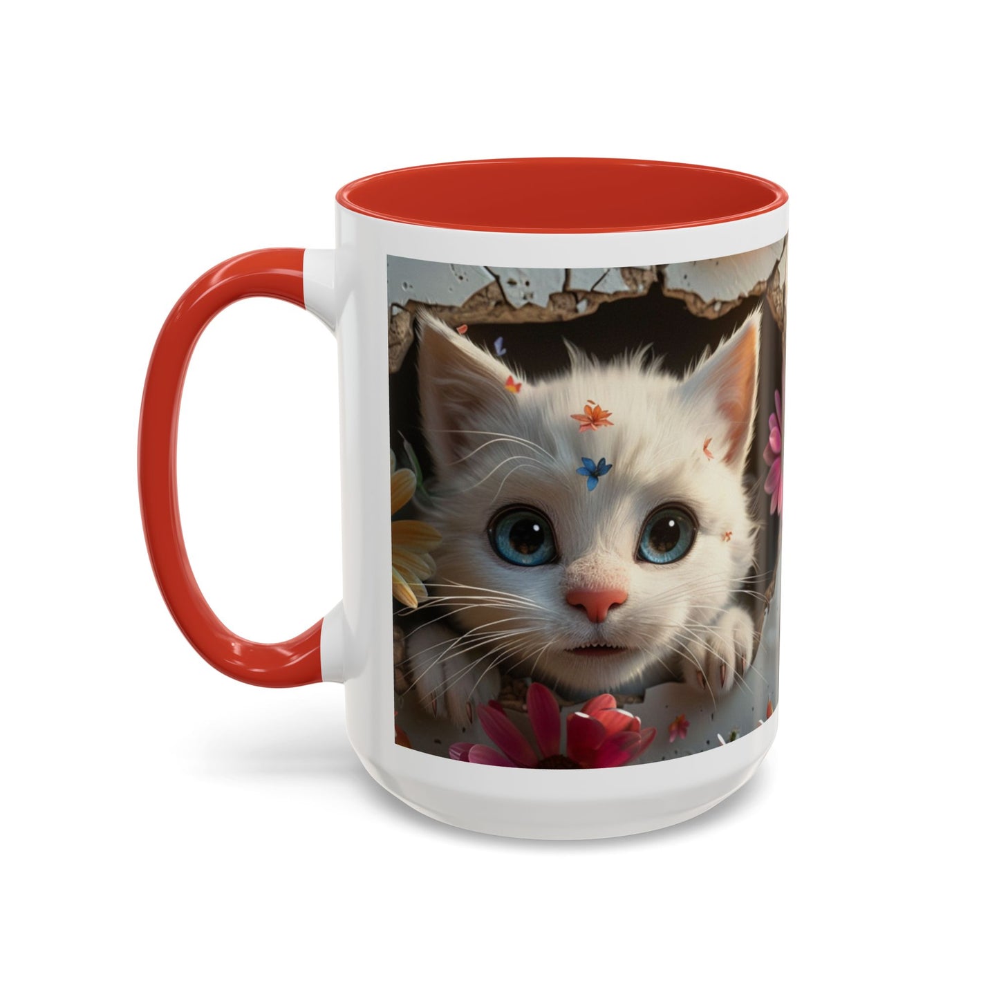 Cute White Kitten Coffee Mug – Floral Accent 11/15oz