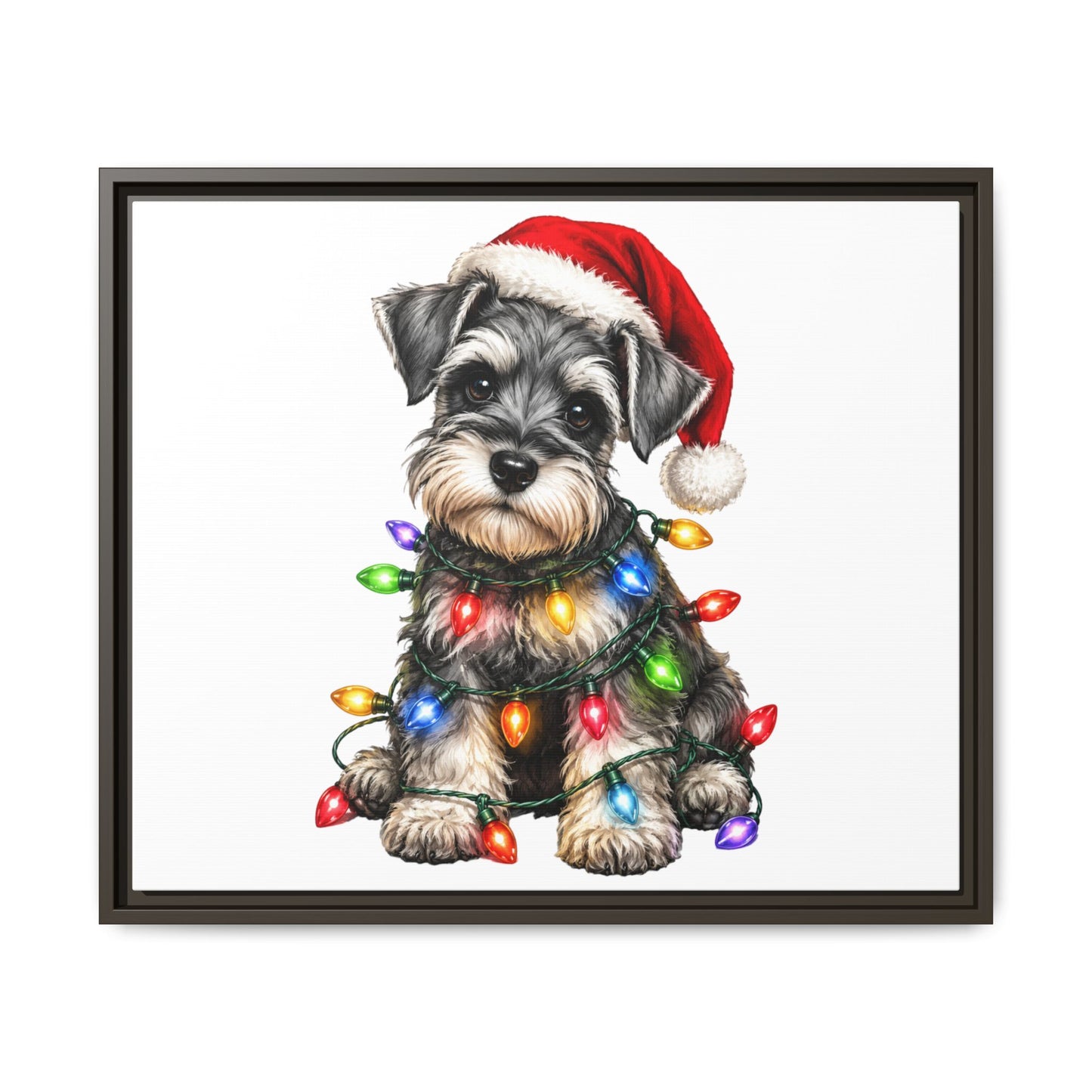 Holiday Schnauzer Canvas Print — Framed Matte Wall Art with Christmas Lights