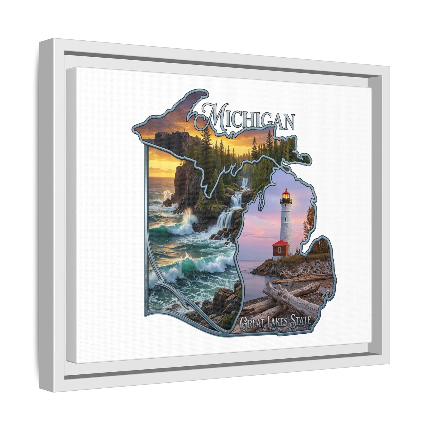 Michigan Framed Canvas Wall Art — Great Lakes State Lighthouse & Shoreline Print