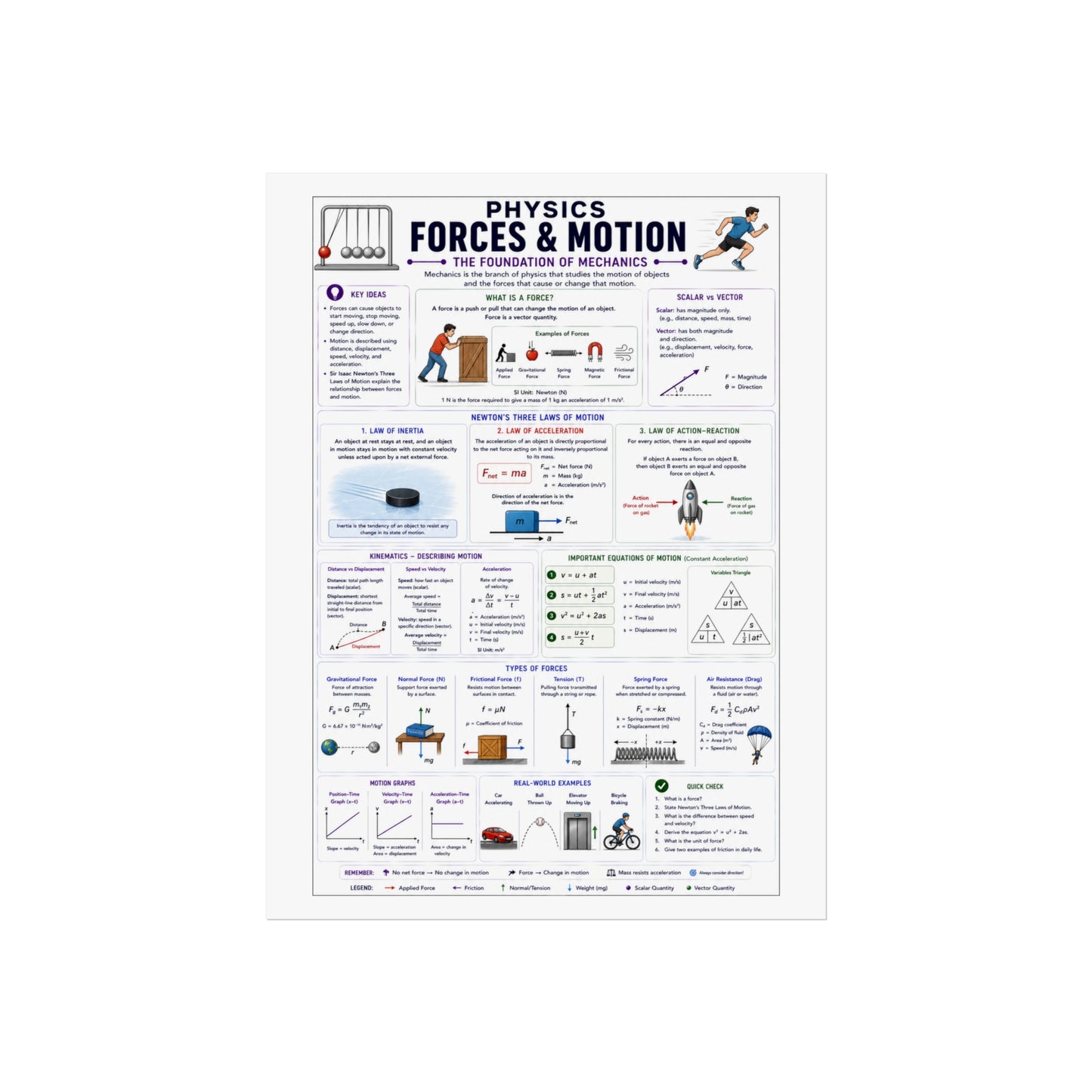 Physics Forces & Motion Educational Poster — Forces and Motion Study Guide