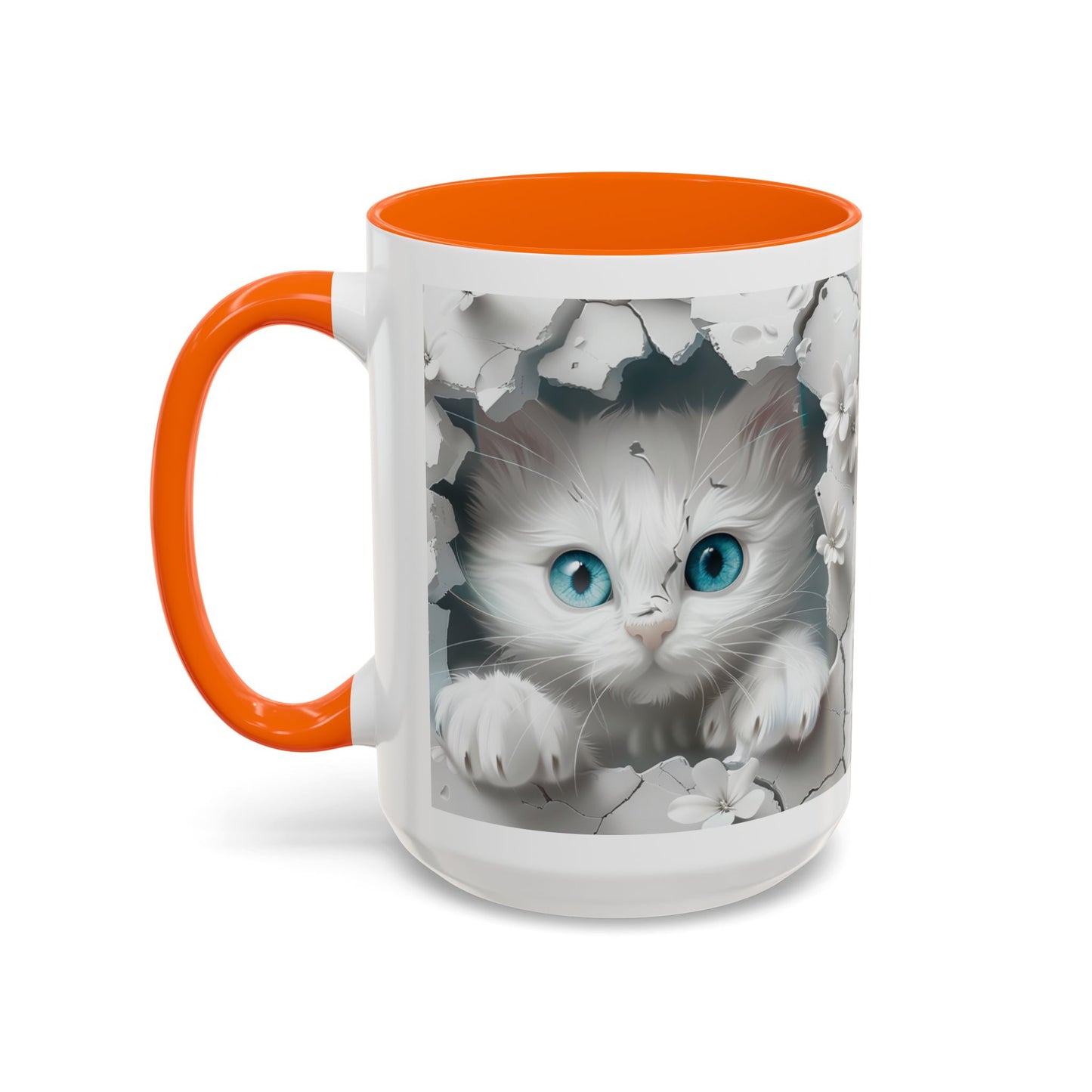 Cute Blue-Eyed Kitten Accent Coffee Mug – Floral Peekaboo Cat Design (11/15 oz)