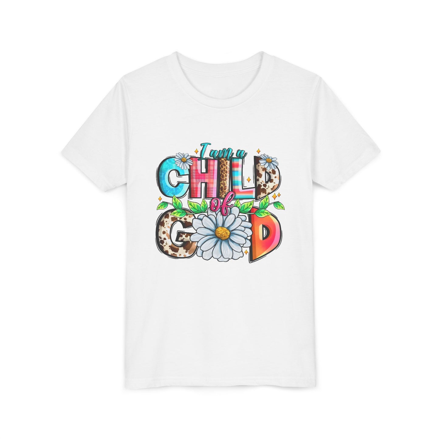 Youth Tee — "I Am a Child of God" Floral Christian Graphic