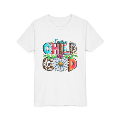 Youth Tee — "I Am a Child of God" Floral Christian Graphic